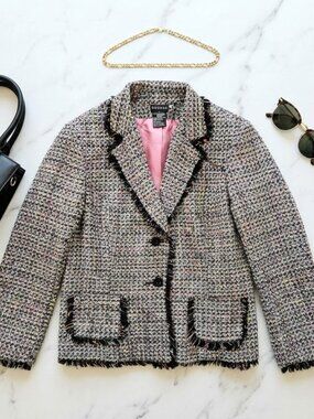 George Women's Multi-Color Tweed Fringe Blazer Jacket Pink Lining Size 14